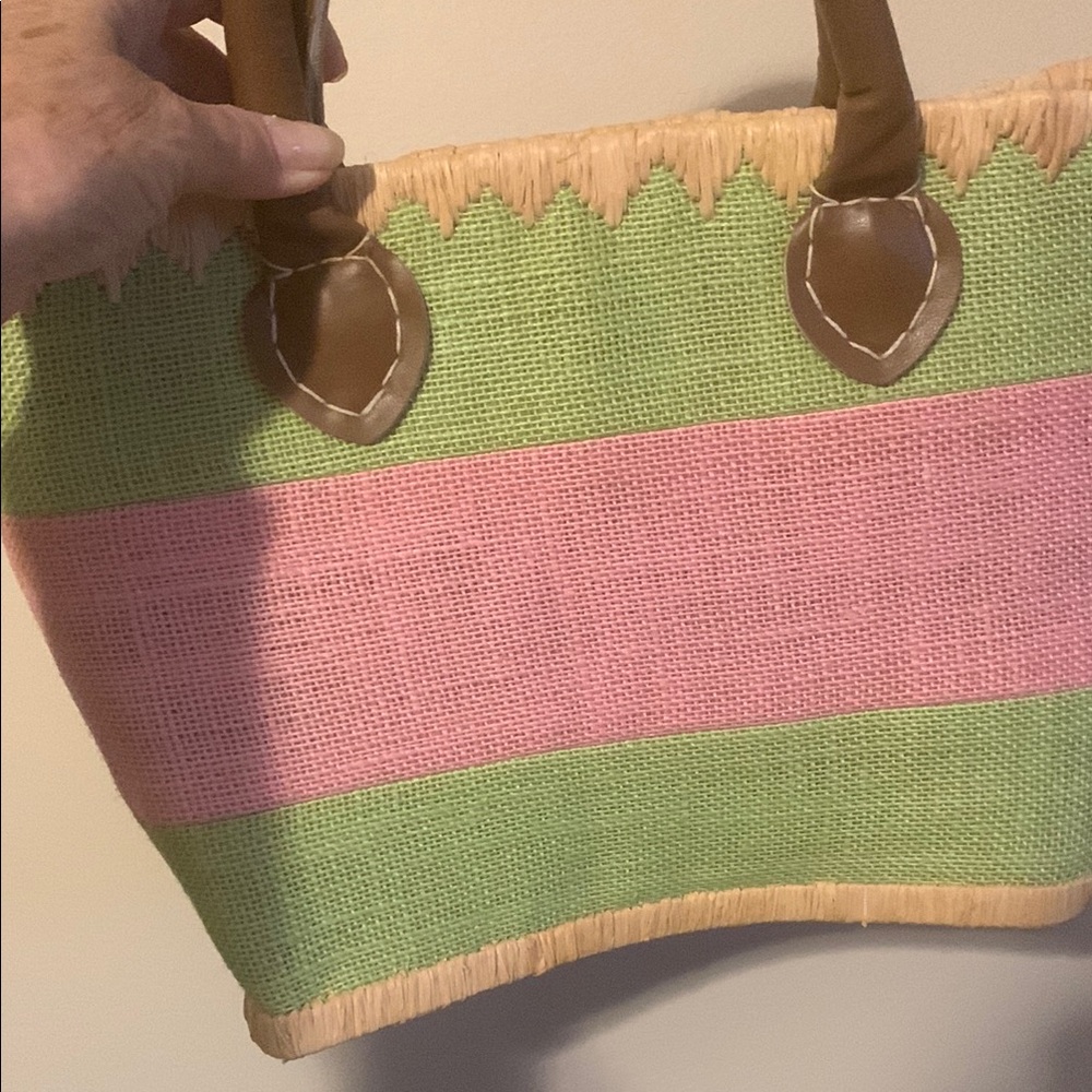 Pink and Green Woven Tote Bag